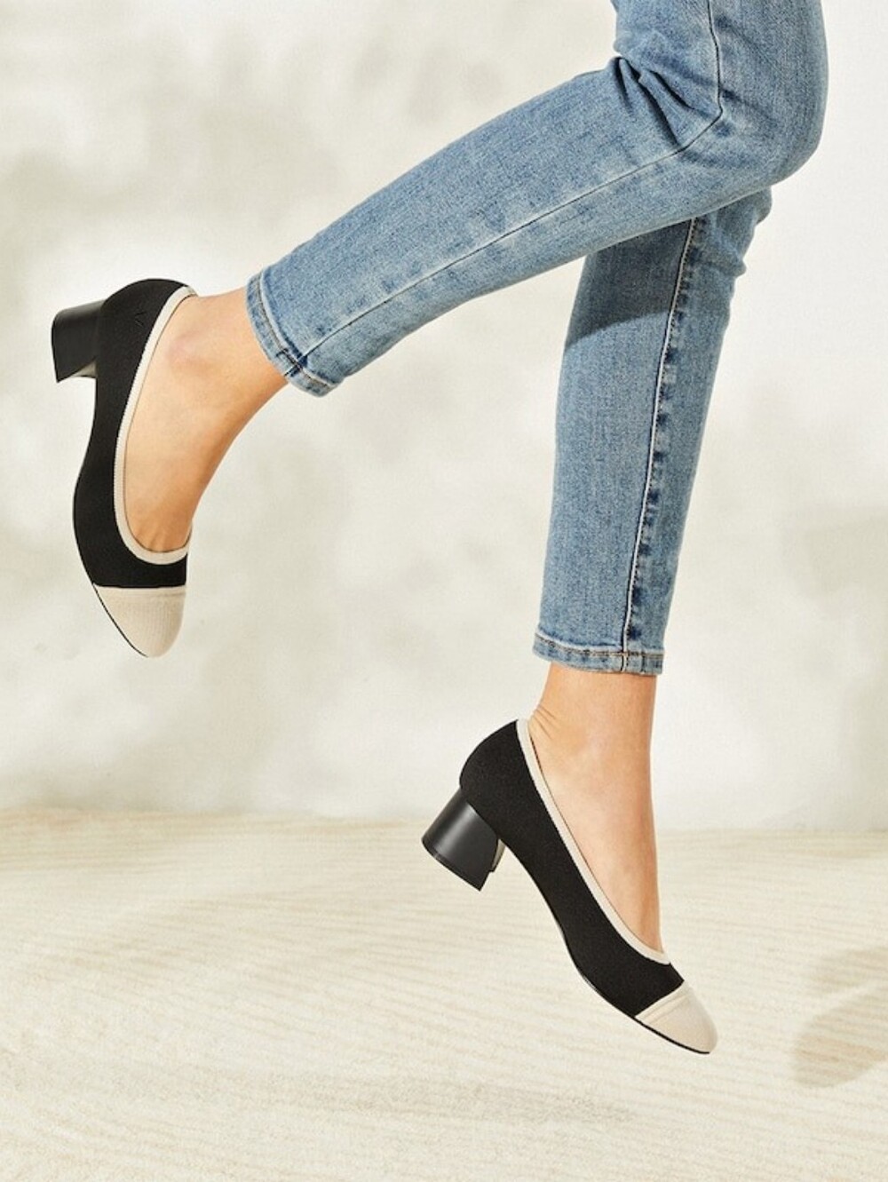 Vivaia Julie Pro Classic Two-Tone Block Heel Pumps - Navy and Cream
